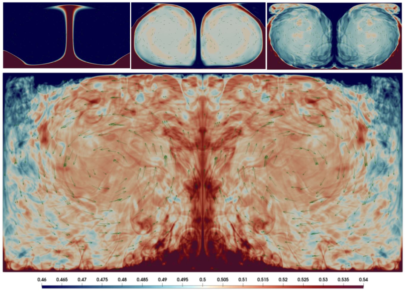Mean temperature fields from Rayleigh-Bénard convection simulations at four Rayleigh numbers, showing progressively finer turbulent structure